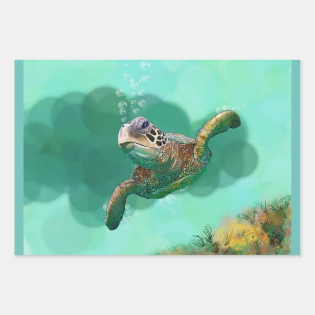 Sea Turtle in Bubbles Wrapping Paper Sheets (Front)