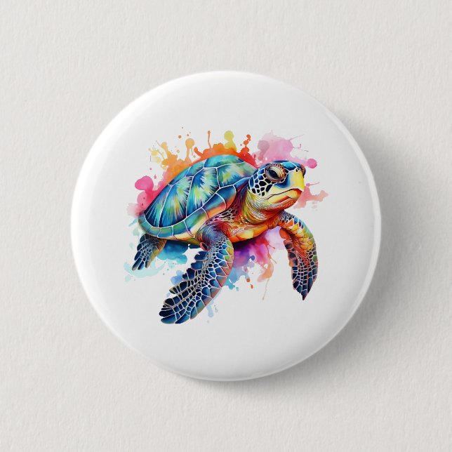 Sea Turtle in Colorful Watercolor Button (Front)