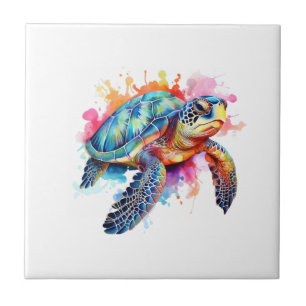 Sea Turtle in Colorful Watercolor Ceramic Tile