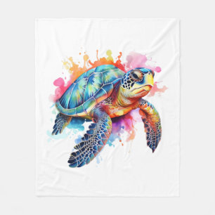 Sea Turtle in Colorful Watercolor Fleece Blanket