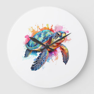 Sea Turtle in Colorful Watercolor Large Clock
