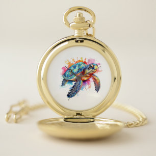 Sea Turtle in Colorful Watercolor Pocket Watch