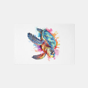 Sea Turtle in Colorful Watercolor Rug