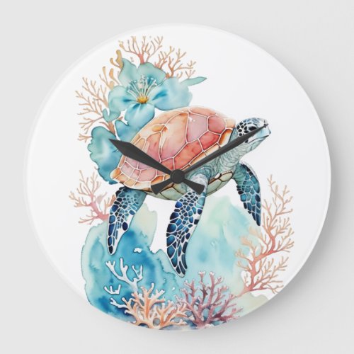 Sea Turtle in Coral Reef  Large Clock