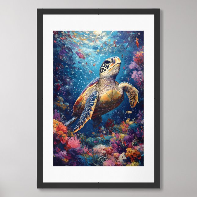 Sea Turtle in Coral Reef Paradise Painting Framed Art (Framed Front)