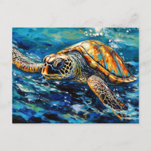 Sea Turtle in Expressive Oil Brushwork Postcard