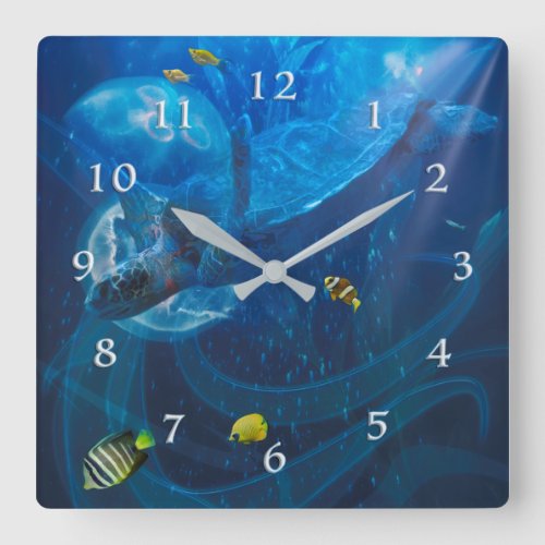 SEA TURTLE IN FLIGHT SQUARE WALL CLOCK