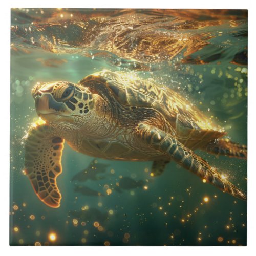 Sea Turtle in Golden Sunlight Ceramic Tile