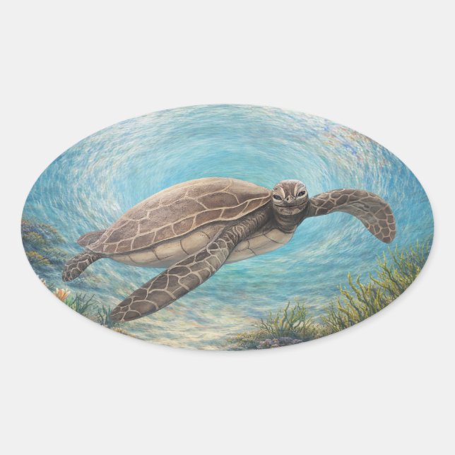 Sea Turtle in Ocean Vortex Oval Sticker (Front)