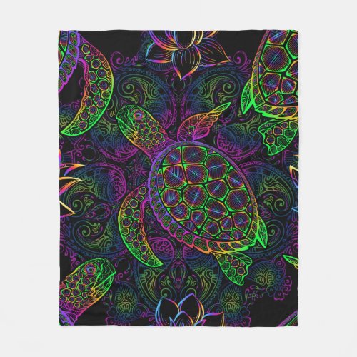 Sea turtle in psychedelic multicolor colors with l fleece blanket