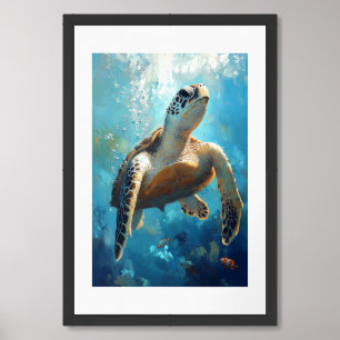 Sea Turtle in Vibrant Ocean Scene Painting Framed Art