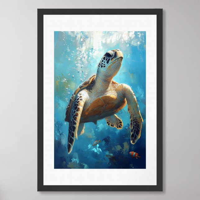 Sea Turtle in Vibrant Ocean Scene Painting Framed Art (Framed Front)