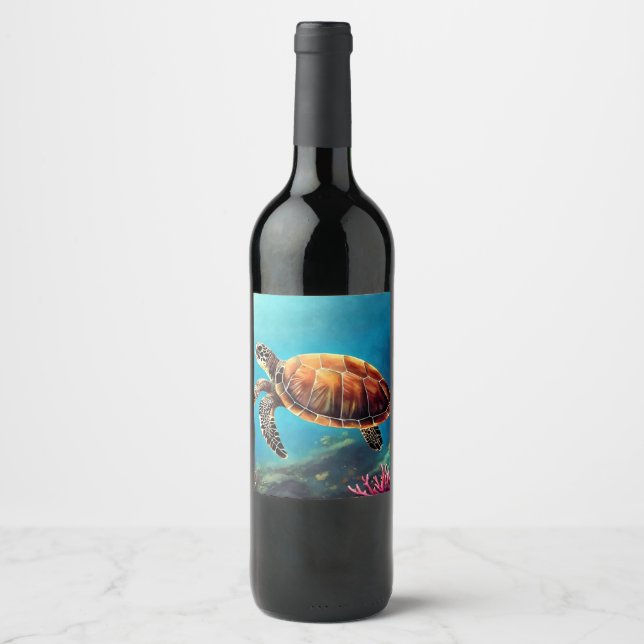 Sea Turtle in Watercolor Wine Label (Front)