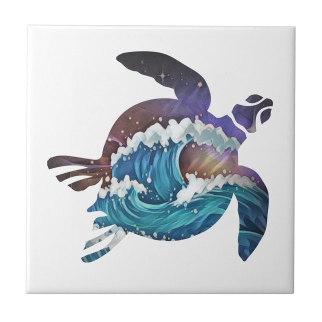 Sea Turtle Japanese Waves Ceramic Tile (Front)