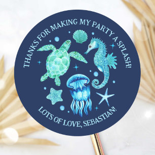 Sea Turtle, Jellyfish and Seahorse Watercolor Navy Classic Round Sticker