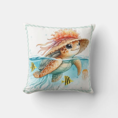 Sea Turtle Jellyfish Hat  Throw Pillow