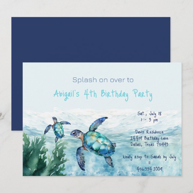 Sea Turtle Kid's Birthday Party II Invitation (Front/Back)