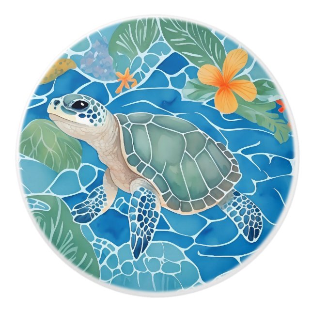 Sea Turtle Left Facing Ocean Life Bright Blue Ceramic Knob (Front)