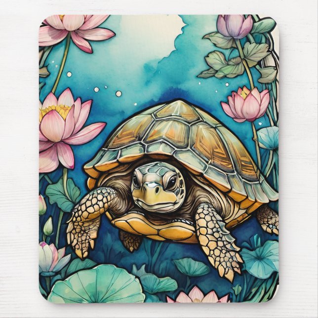 Sea Turtle Lotus Flower Art Turtles Nature Lovers  Mouse Pad (Front)