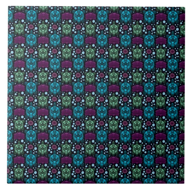 Sea Turtle & Lotus Flower Pattern  Ceramic Tile (Front)