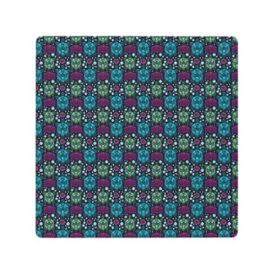 Sea Turtle & Lotus Flower Pattern Metal Print