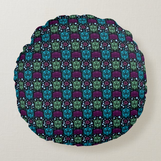 Sea Turtle & Lotus Flower Pattern  Round Pillow (Front)