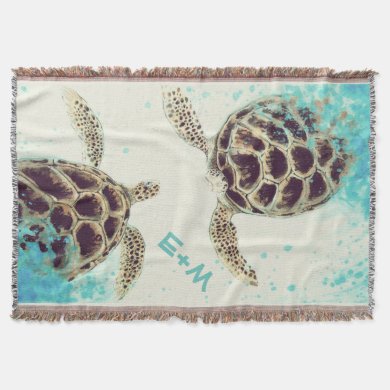 Sea Turtle Love Monogram Personalized Throw Blanket