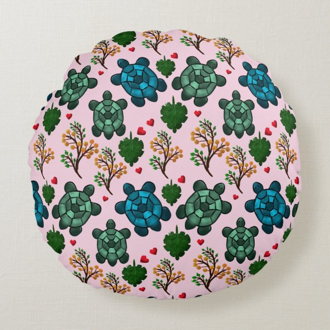 Sea Turtle Lover Gift, Cute Turtle Pattern, Marine Round Pillow (Front)