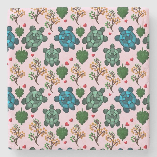 Sea Turtle Lover Gift, Cute Turtle Pattern, Marine Stone Coaster (Front)