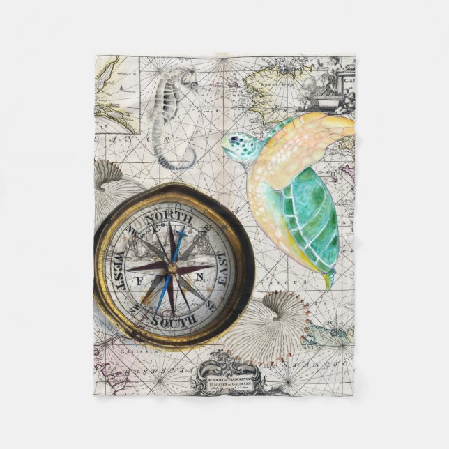 Sea turtle Map Beige Fleece Blanket (Front)