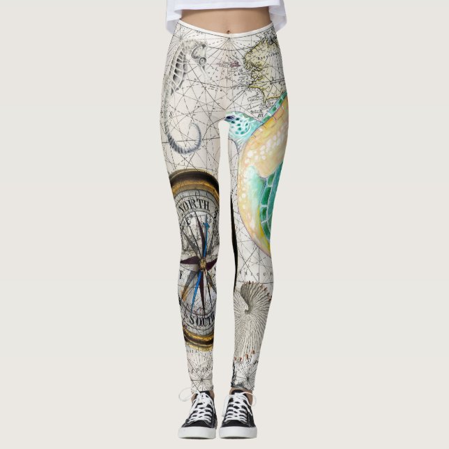 Sea turtle Map Beige Leggings (Front)