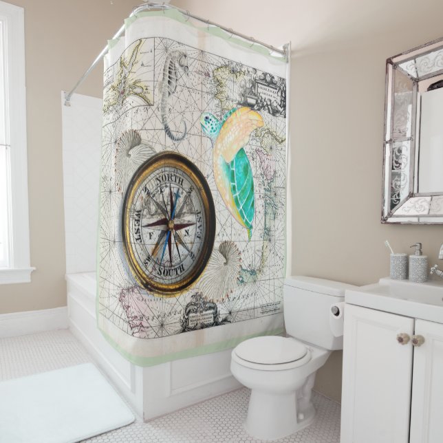 Sea turtle Map Beige Shower Curtain (In Situ)