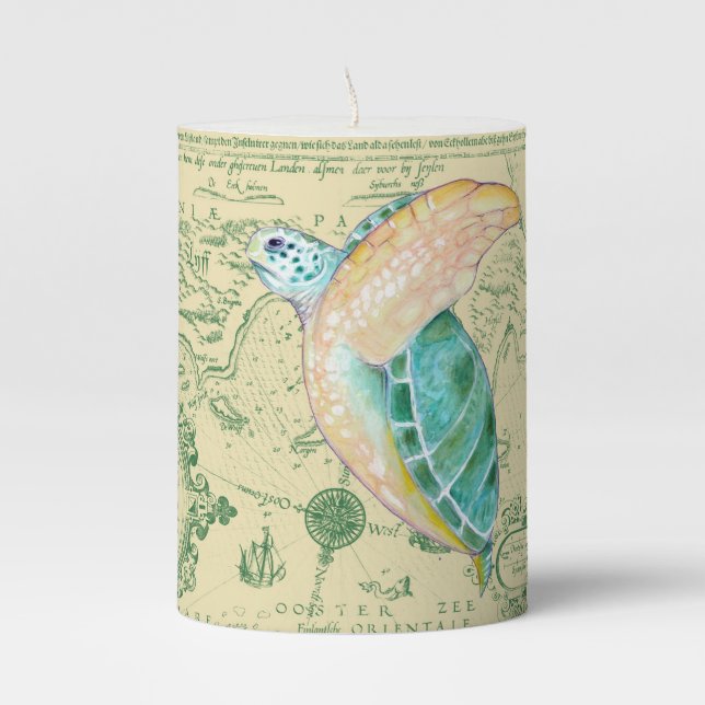 Sea Turtle Map Pillar Candle (Front)