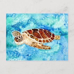 sea turtle marine sealife watercolor painting postcard