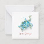 Sea Turtle Mini Beach Christmas Note Card<br><div class="desc">Wish friends and family a beachy Christmas with my fun and unique tropical themed square greeting card in a tiny size. This cute mini beach Christmas card pack features my original watercolor sea turtle and greenery artwork in shades of turquoise blues and greens. The word Seas and Greetings is set...</div>