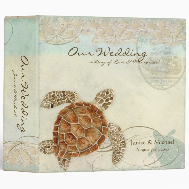 Sea Turtle Modern Coastal Ocean Beach Swirls Style 3 Ring Binder (Front/Spine)