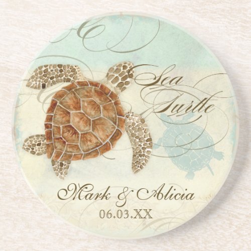 Sea Turtle Modern Coastal Ocean Beach Swirls Style Sandstone Coaster