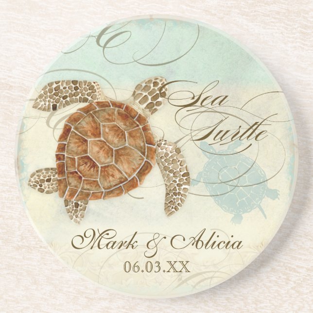 Sea Turtle Modern Coastal Ocean Beach Swirls Style Sandstone Coaster (Front)