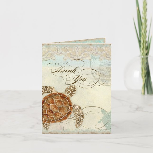 Sea Turtle Modern Coastal Ocean Beach Swirls Style Thank You Card (Front)
