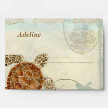 Sea Turtle Modern Coastal Ocean Beach Wedding Envelope by AudreyJeanne at Zazzle