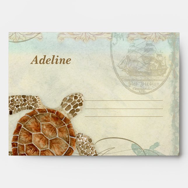 Sea Turtle Modern Coastal Ocean Beach Wedding Envelope (Front)