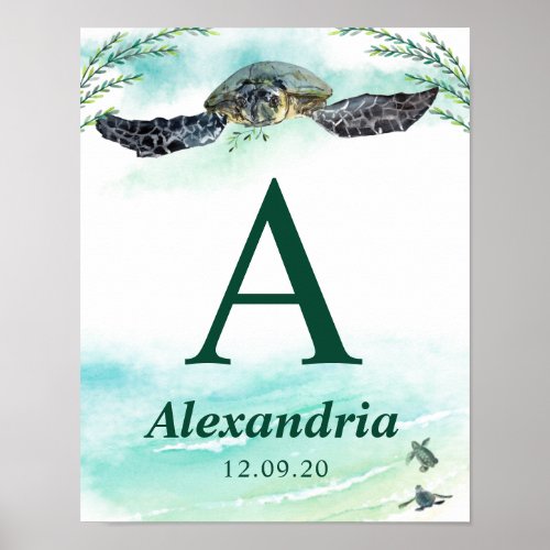 Sea Turtle Monogram Name Birthdate Nursery Poster