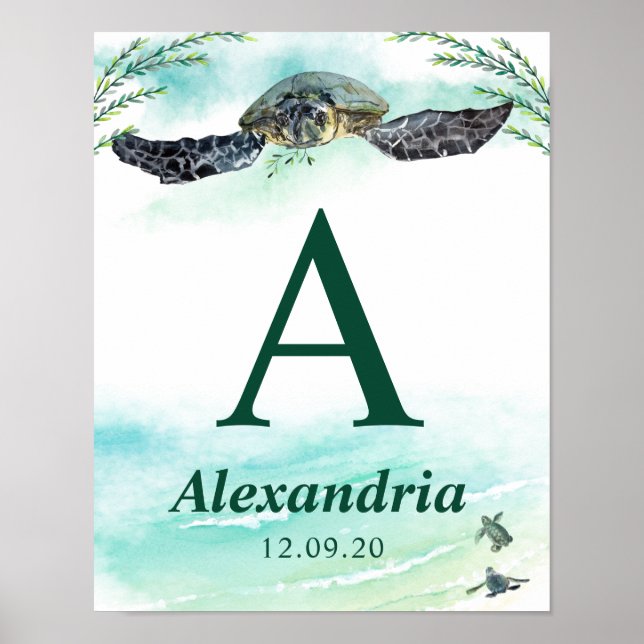 Sea Turtle Monogram Name Birthdate Nursery Poster (Front)
