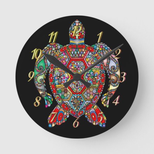 Sea turtle mosaic boho colorful  round clock