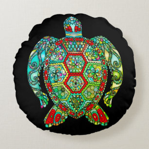 Sea turtle mosaic reversable black red green round pillow