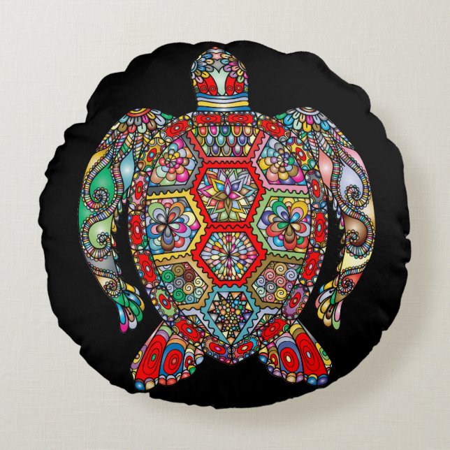 Sea turtle mosaic reversable red and black round pillow (Front)