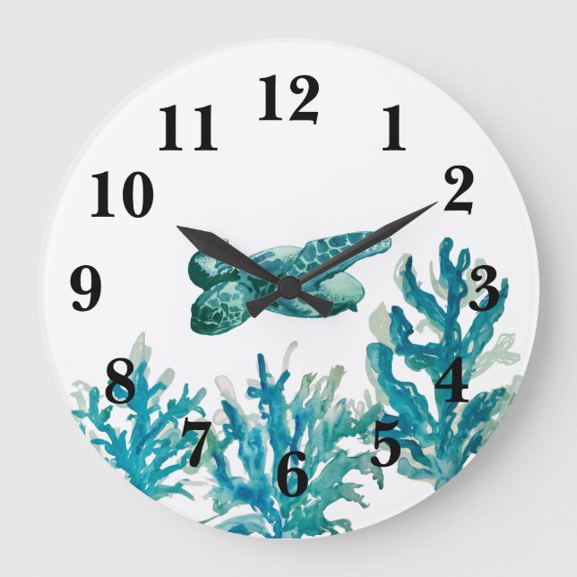 Sea Turtle Nautical Blue Coral Reef Decor Large Clock (Front)