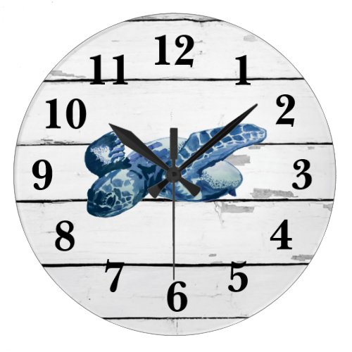 Sea Turtle Nautical Blue Wheel Ship Rustic Decor Large Clock