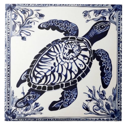 Sea Turtle Navy Blue and White Ocean Beach House Ceramic Tile