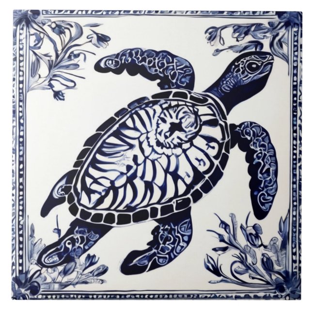 Sea Turtle Navy Blue and White Ocean Beach House Ceramic Tile (Front)